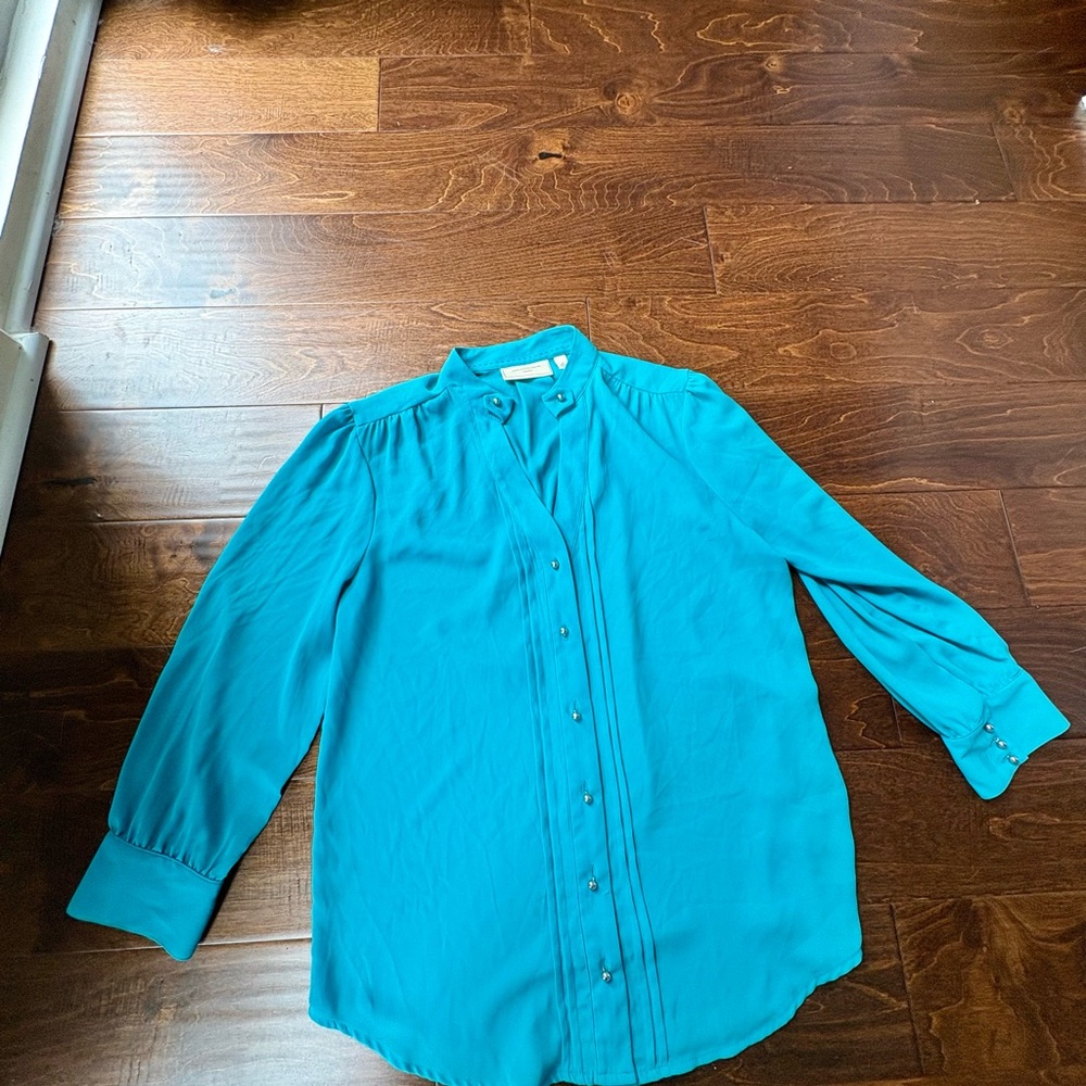 Moulinette Soeurs Blue Button Down Shirt with Cuffed Sleeves and Mandarin Collar